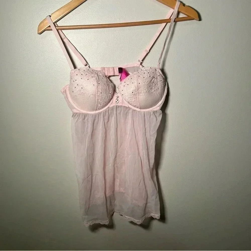 La Senza baby pink and rhinestone baby doll chemise L - Picture 3 of 7